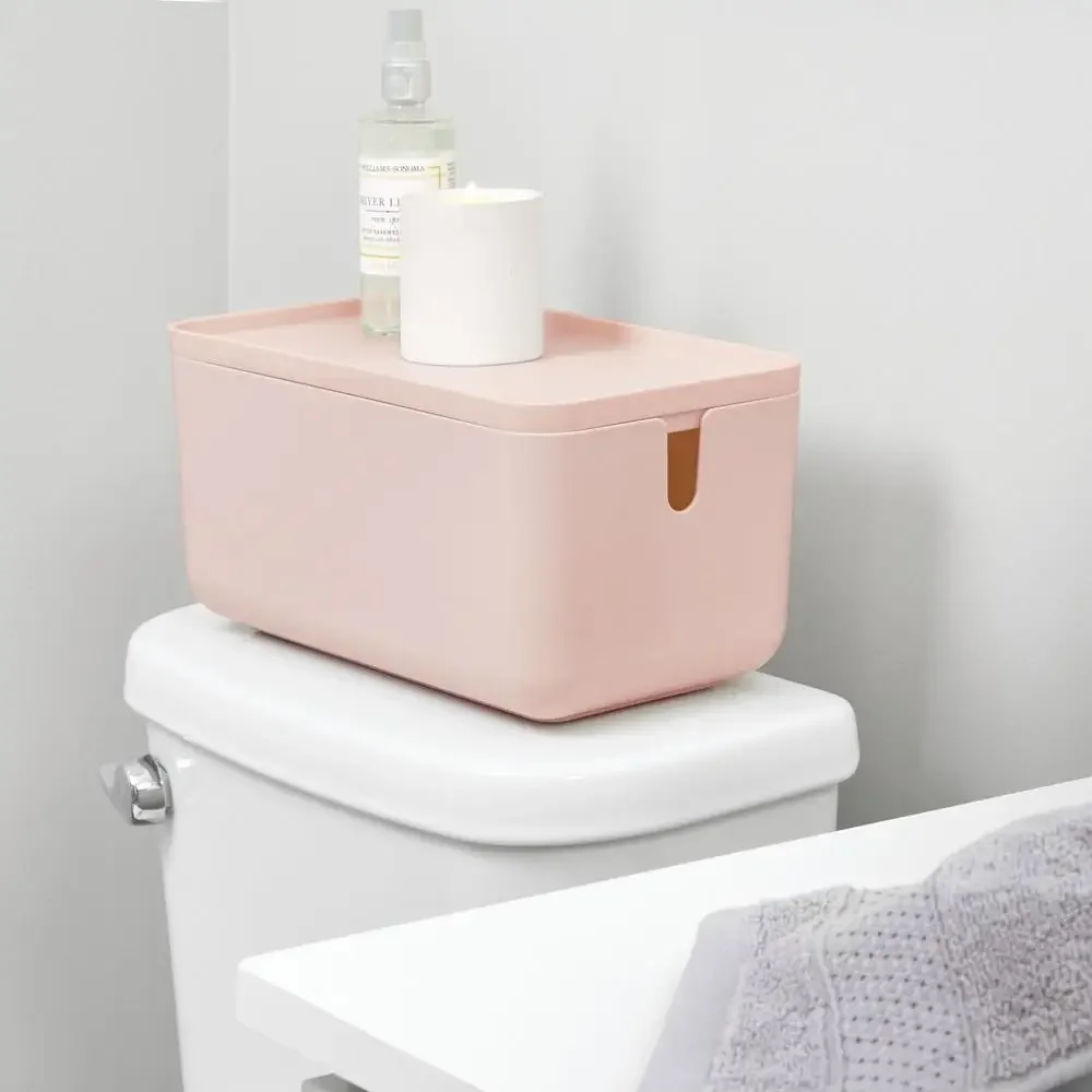Blush Toilet Paper Storage Bin Stackable Non-Skid Feet Lid BPA-Free 11.88"x6.38"x5.75" Organize Bathroom Compact Storage