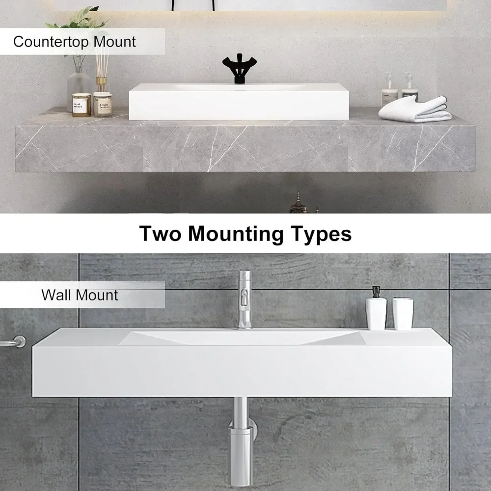 35'' Vessel Sink Wall-Mount Bathroom Sink V-Shaped Floating Sink Stone Resin in Matte White 2