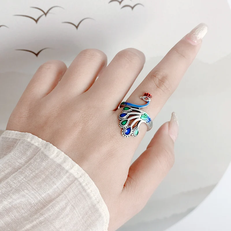 Monkton Wholesale 925 Sterling Silver Color Peacock Rings for Women Jewelry Live Burn Blue Craft Phoenix Animal Ring 2023 Trend
