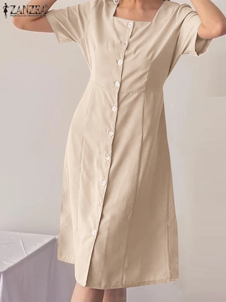 

Платье ZANZEA женское до колен, модный сарафан в Корейском стиле с коротким рукавом, с квадратным вырезом, повседневный Однотонный сарафан на пуговицах, лето 2023