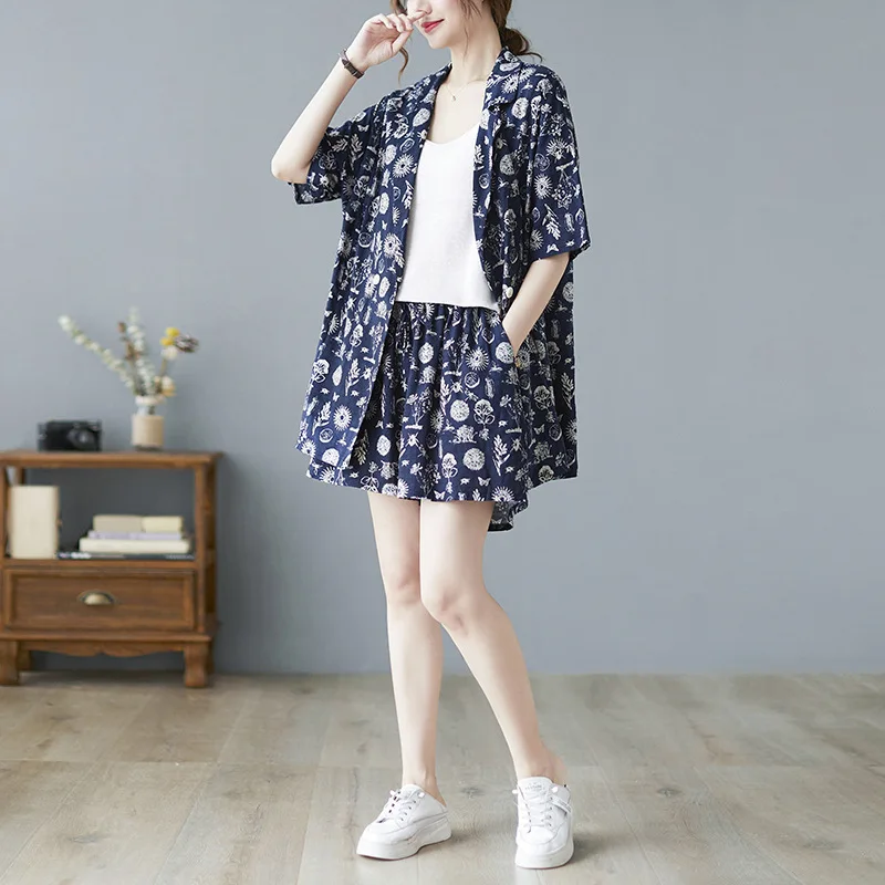 2 Piece Sets Summer New Large Size Fashion Slimming Women's Cotton and Hemp Art Top Shorts Suit Set Vintage Blazers Suits Women'