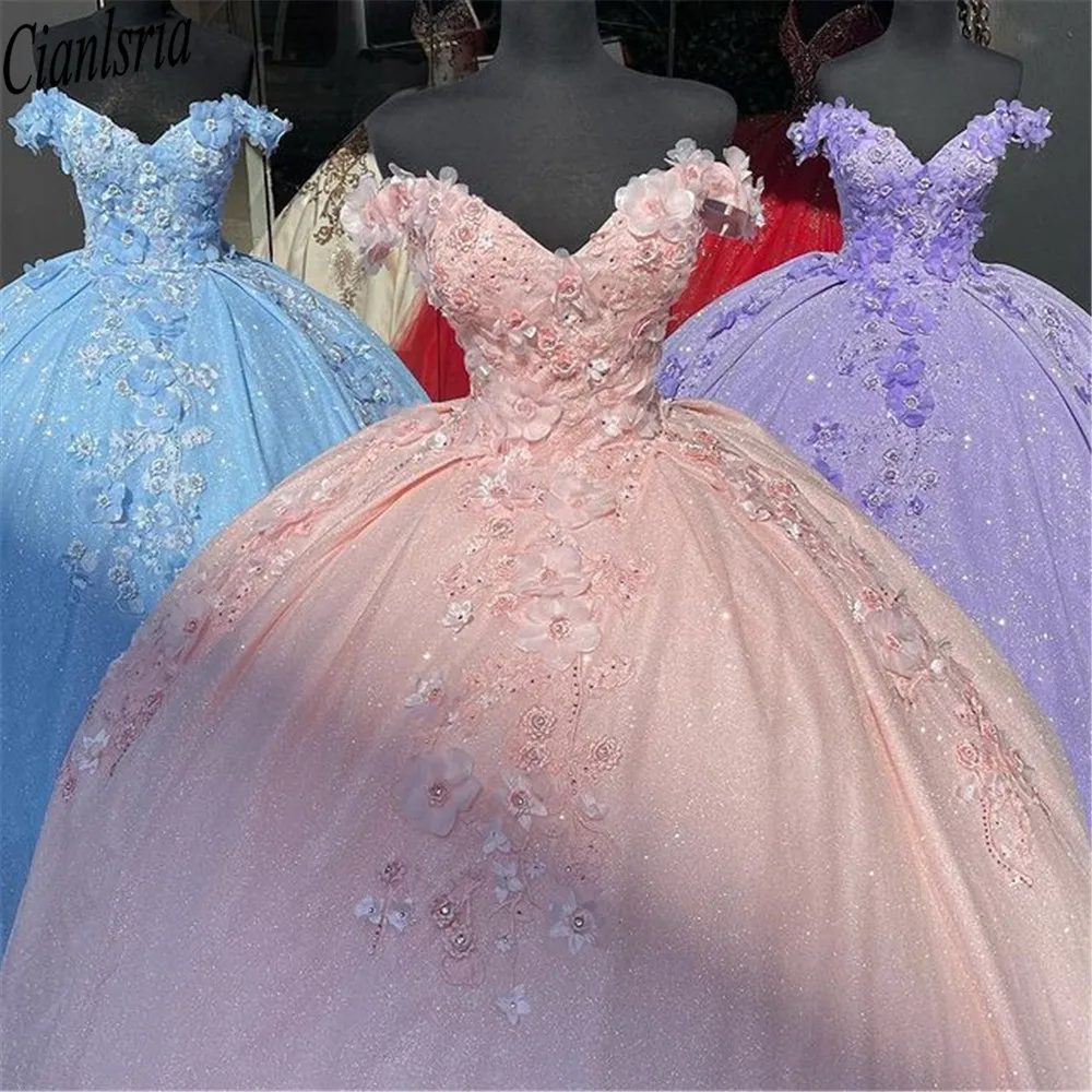 Bling Sequin Sweet 16 Quinceanera Dresses with 3D Applique Beads Corset Dress Vestidos De 15 Anos Masquerade xv Dress Lavender