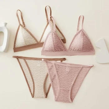 Women French Lace Bra and Panties Set Non-wire Bralette Bra Low-Rise Briefs Sexy Lingerie Female Lace Underwear Set