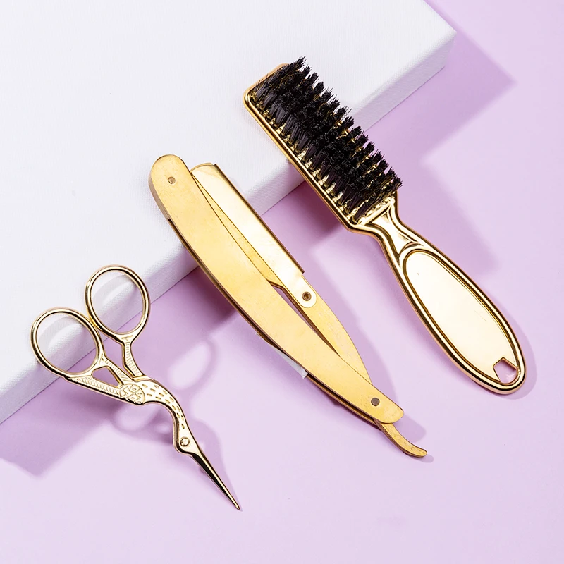 

Professional Men Shaving Beard Brush Mustache Scissors Shaping Shaver Safety Razor Beard Grooming Kit With Bag Hair Comb Set