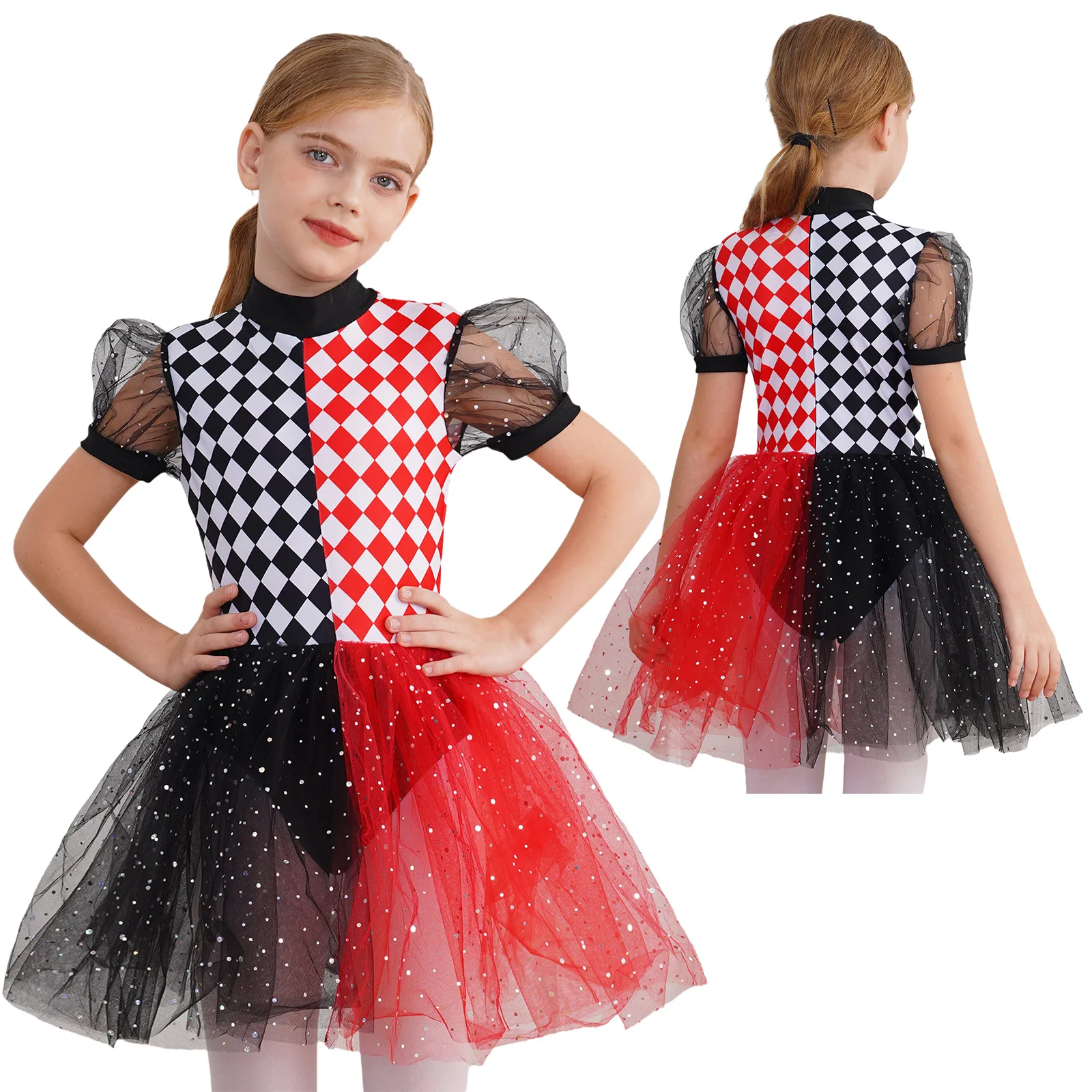 thumbnail image 1 of Disfraz de payaso Joker de Halloween para niña, vestido de Cosplay con tutú y manga abombada, estampado de cuadros, vestido de tul de Ballet con lentejuelas brillantes, 1 of 5