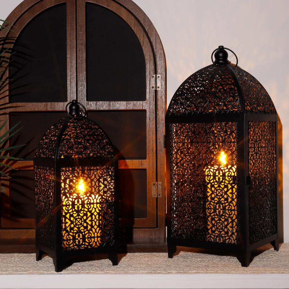 2Pcs Metal Candle Holder Black Candle Lantern Decorative Hanging Lantern with Hollow Pattern for Party Garden Indoors Outdoors - Image 2
