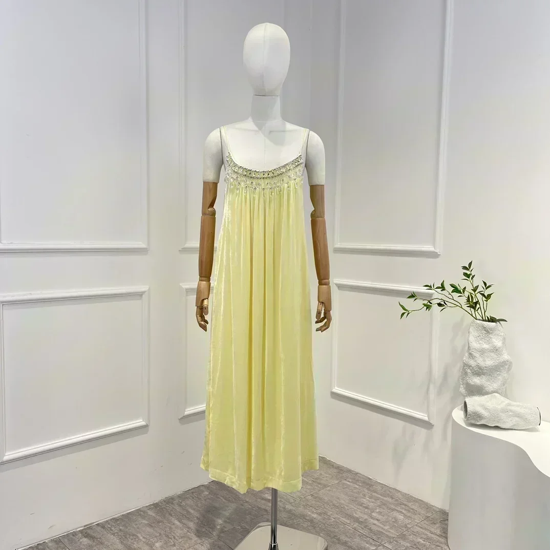 

Однотонное желтое платье-миди с открытой спиной, без рукавов