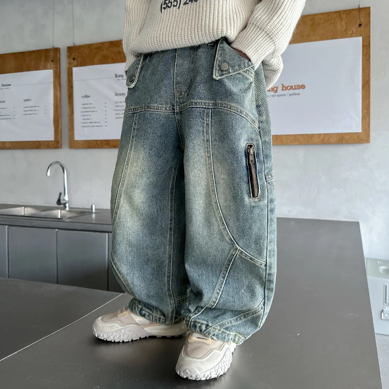 스트리트웨어 캐주얼 와이드 레그 패치워크 데님 팬츠 키즈 아동 y2k 배기진 남아 하라주쿠 빈티지 블루 고퀄리티 힙합