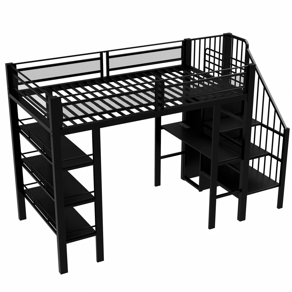 90x200cm Hochbett, mit LED-Lichtleiste und Steckdose, Schmiedeeisernes Bett mit Stauraum und Bücherregal, Einzelbett – Detail 12