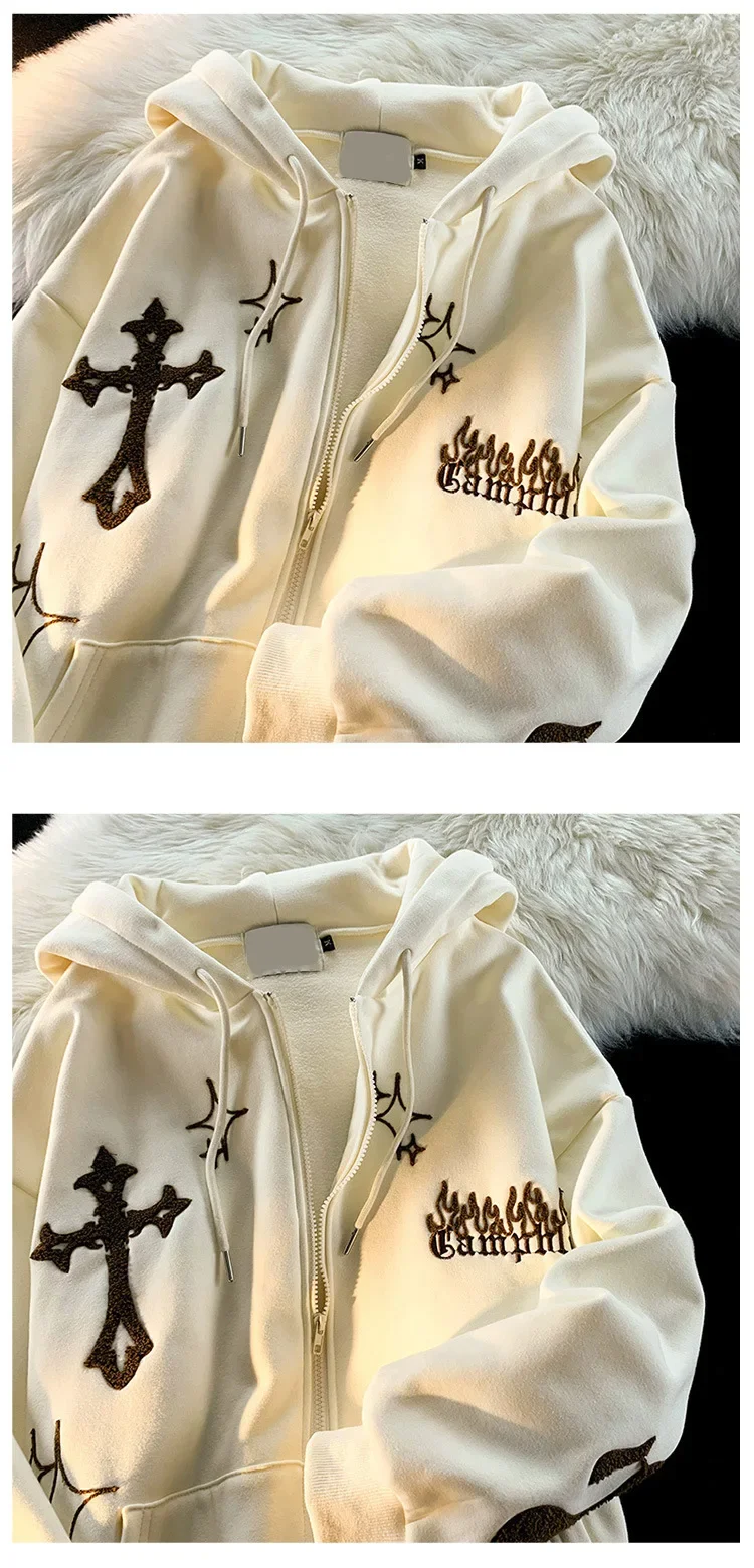Description Picture 6 of itemAmerican Style Retro Open Cardigan Sweatshirt Fun Embroidery Oversize Couple Loose Hoodie Women Autumn Winter Outerwear