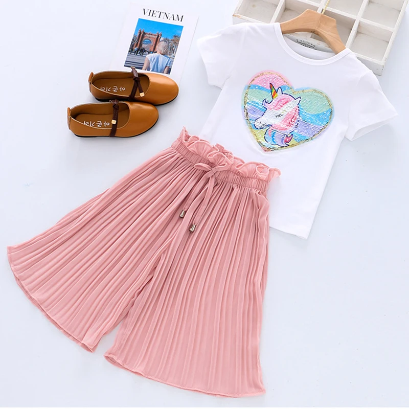 Baby Girls Summer Casual Clothing Suits New Fashion Cartoon Unicorn Sequins T-Shirt Chiffon Pants Outfits Children's Clothes