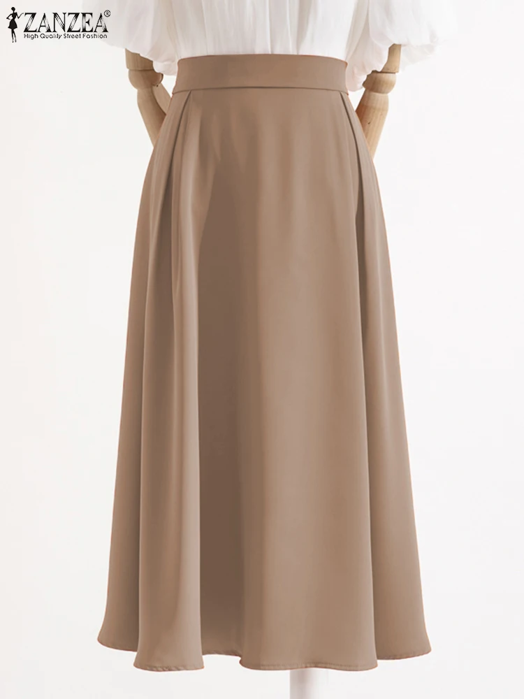 

Юбка ZANZEA Женская Длинная с завышенной талией, модная однотонная трапециевидная юбка для отдыха, элегантная плиссированная юбка оверсайз с карманами, на лето