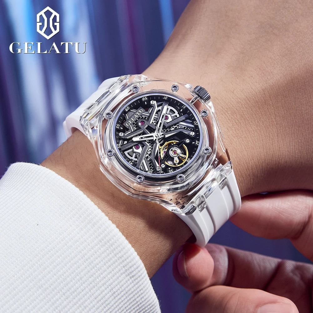 GELATU 8002 Man's Watch Transparent Case Hollow Mechanical Watch For Men Waterproof Automatic Wristwatch Male Silicone Strap