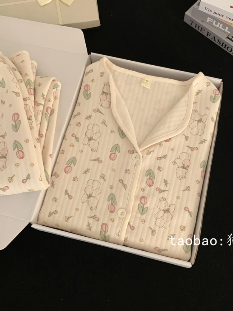 Home Wear Adult Loose Casual Cartoon Cute Printed Cotton Autumn and Winter Thickened Warm Long Sleeve Suit Spring and Autumn 1Pc