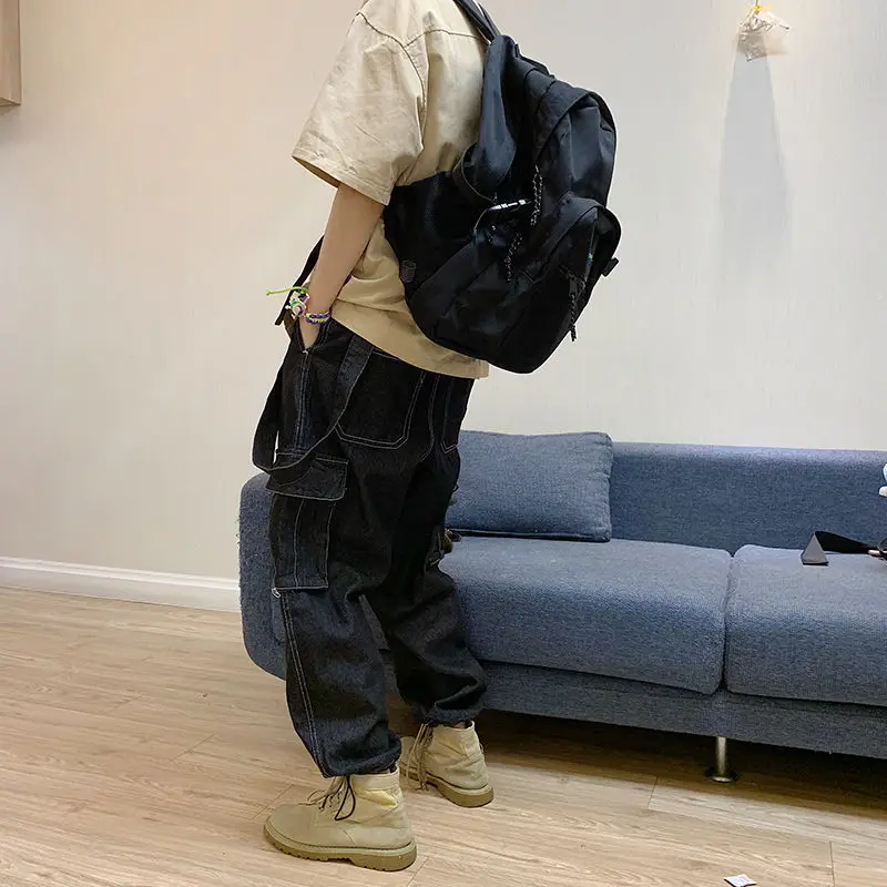 Japanese Harajuku Retro Denim Overalls Retro Cargo Jeans Hip Hop American Casual Jeans Loose Straight Wide Leg Pants Side Pocket