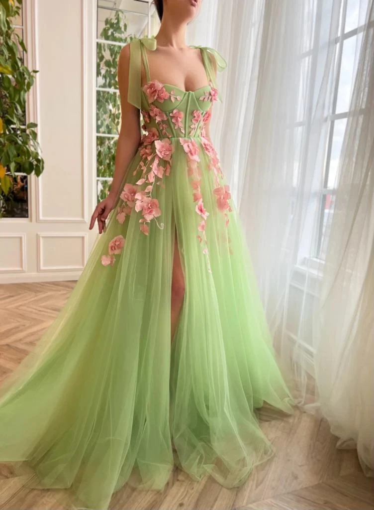 

Formal Occasion Dresses Spaghetti Straps Handmade Flowers Applique A Line Green Tulle Long Prom Dresses فساتين مناسبة رسمية