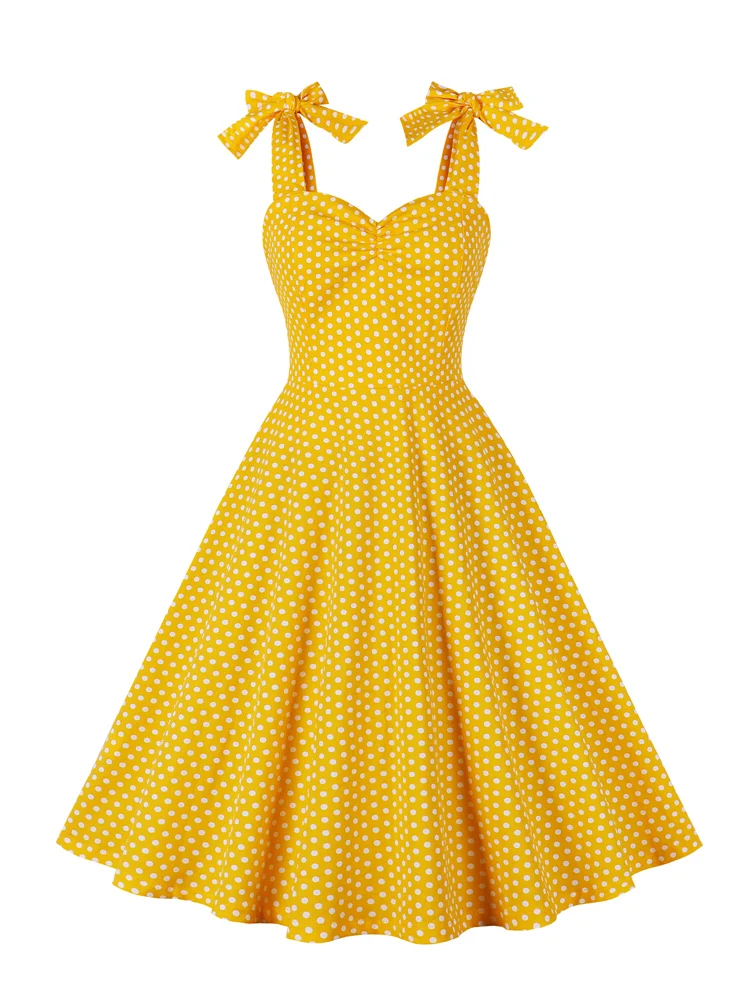 

2023 New Retro Sweetheart Neck Bow Tie Strap 50s Pinup Rockabilly Summer Dresses for Women Polka Dot Print Cotton Vintage Dress