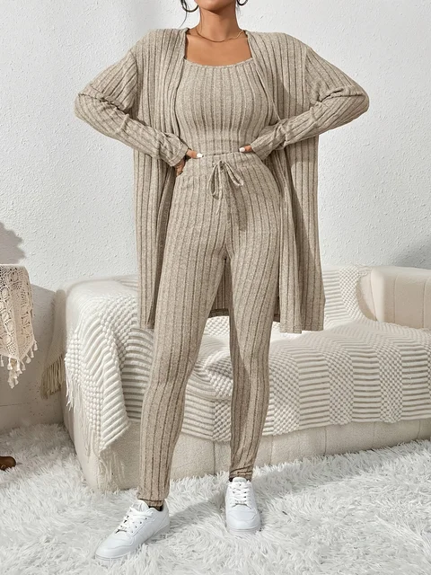 Women's Drop Shoulder Long Sleeve Ribbed Cardigan Sweater Vest and Pants Set 1