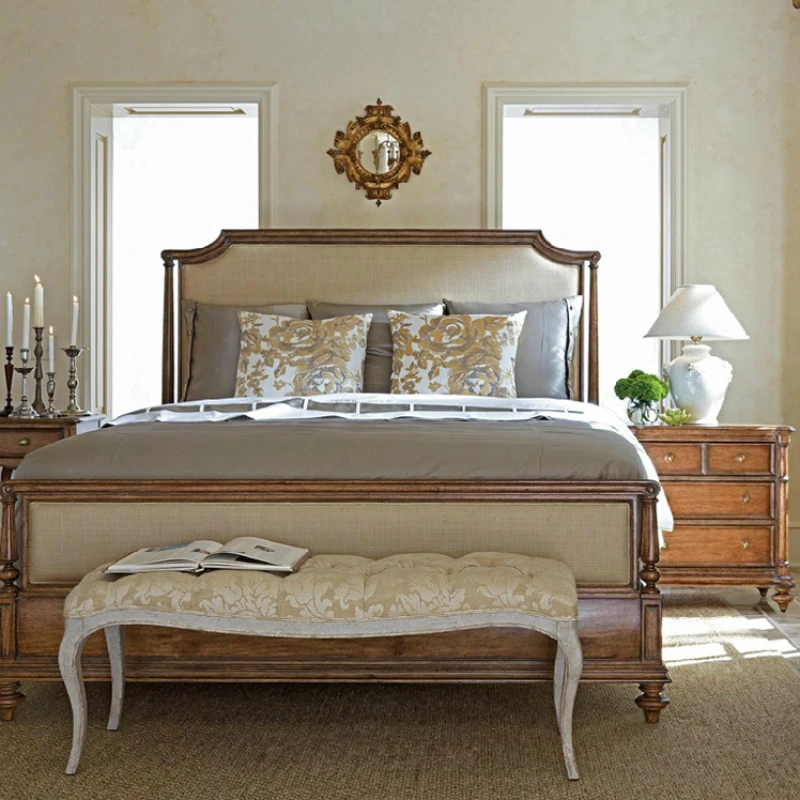 

Vintage solid wood bed double bed 1.8m simple vintage fabric king bed 1.5 villa