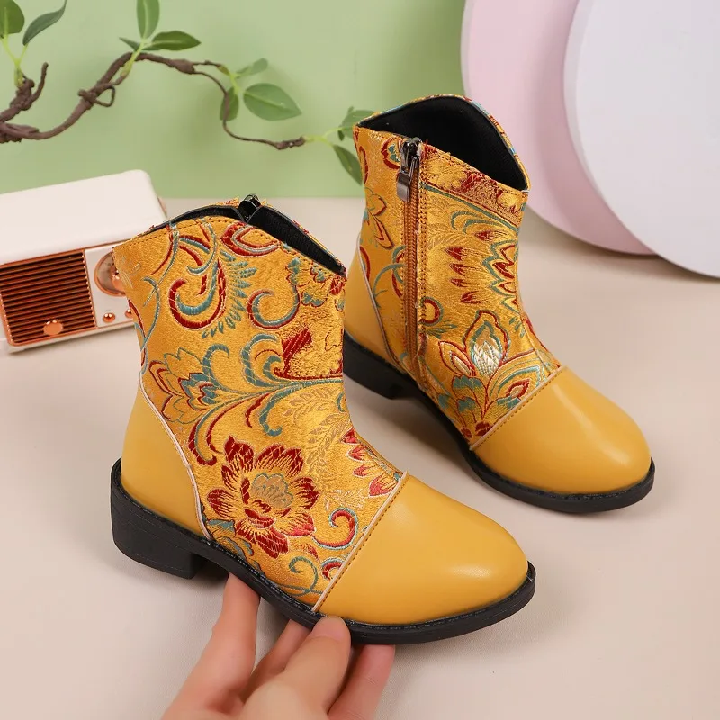 Kids Leather Boots Chinese Ethnic Style Girls Princess Boots Embroidered Chic 2025 Autumn Winter New Children Short Boots Zipper