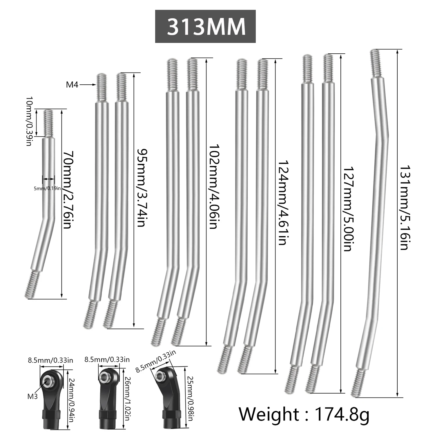 Que-T Metal Steering Linkage Set For 1:10 Axial SCX10 RC Crawler - Stainless Steel Upgrade