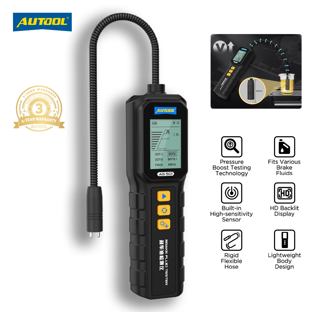 AUTOOL AS501 Tester per Liquido Freni, Strumento di Ispezione Auto con Display HD, Compatibile con DOT3/DOT4/DOT5/DOT5.1/ENV4/ENV6
