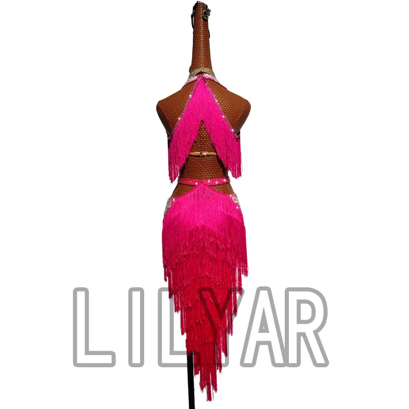 Latin Dance Dress Adult Children Rose Red Embroidered Fringe