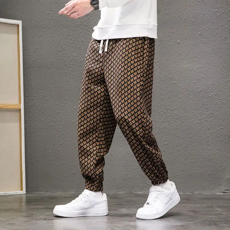 Summer New Fashion Letter Print Casual Harlan Pants Men Elastic Waist Drawstring Patchwork Pocket Loose Sports Straight Trousers