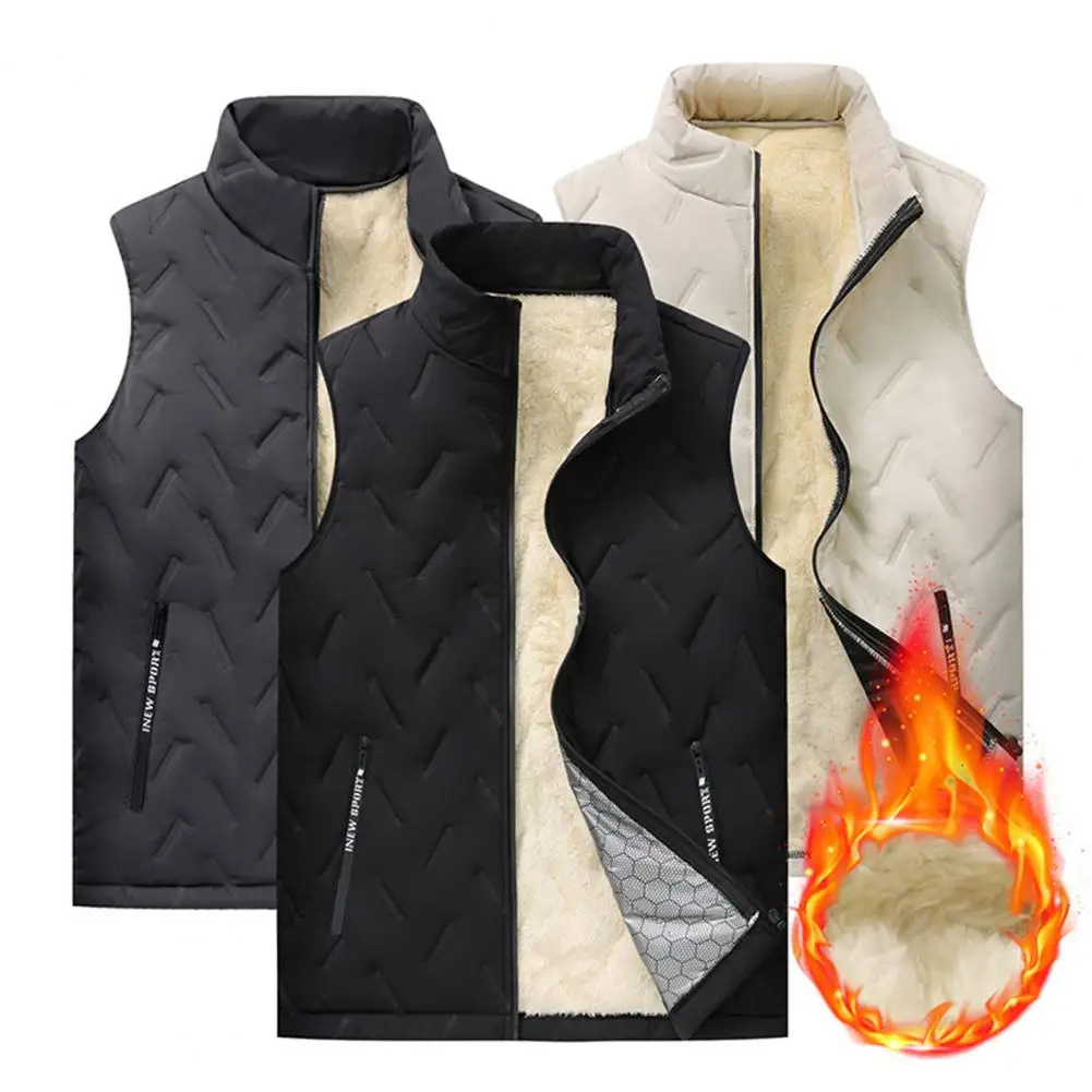 

Men Lambswool Thicken Warm Sleeveless Vest Jackets Winter Stand Collar Down Vest Windproof Zipper Coat Stand-up Collar Waistcoat