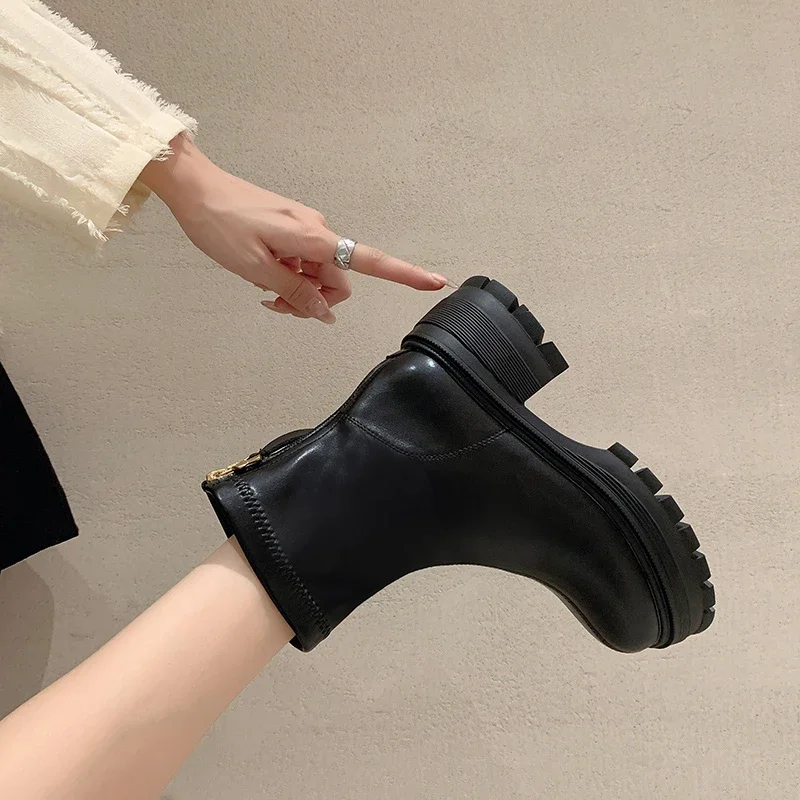 

Женские ботильоны на платформе, современные ботинки с прострочкой на молнии сзади и круглым носком, обувь на массивном каблуке, лидер продаж 2023