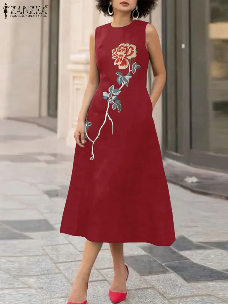 

Женский сарафан без рукавов ZANZEA, модное однотонное платье-трапеция средней длины с круглым вырезом и цветочной вышивкой, лето 2024, элегантное женское платье