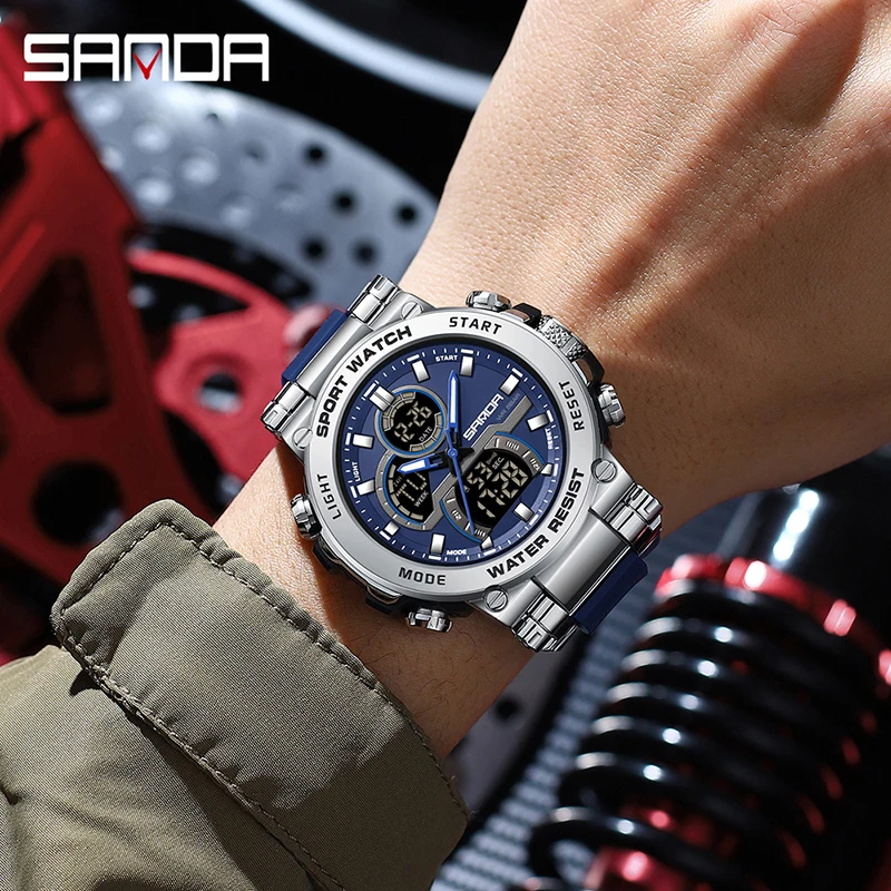 2024 SANDA Men Military Watch Digital 50m Waterproof Wristwatch