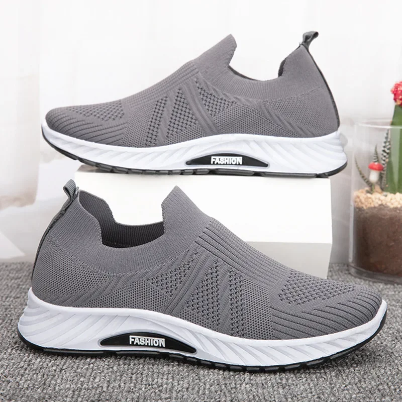 Solid Fashion Knitting Casual Shoes Men Super Light Breathable Stretch Socks Shoes Sneakers Slip On Tenis Masculino Black Zapato 2