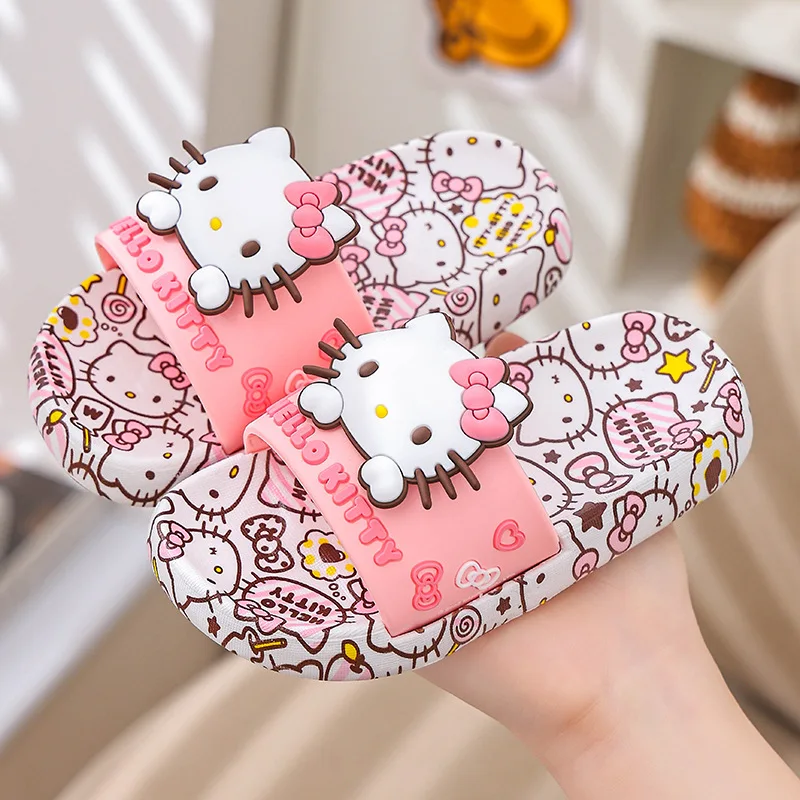 

Sanrio Children Slippers 2024 New Hello Kitty Kuromi Cinnamoroll Kawaii Cartoon Ladies Non-Slip Soft-Soled Family Sandal