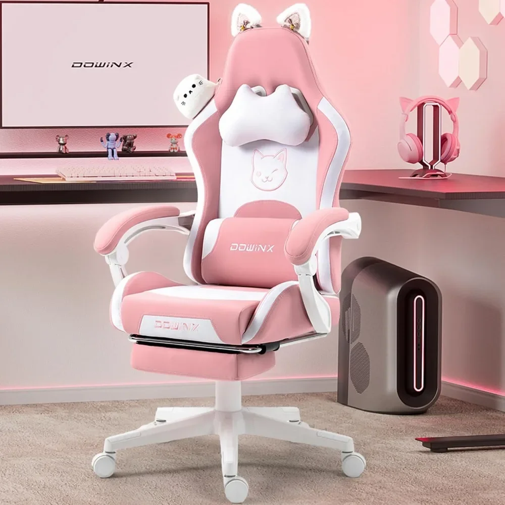 Gaming Chair Cute with Cat Ears and Massage Lumbar Support, Ergonomic Computer Chair for Girl with Footrest and Headrest professional black leatherette hairdressing chair with headrest