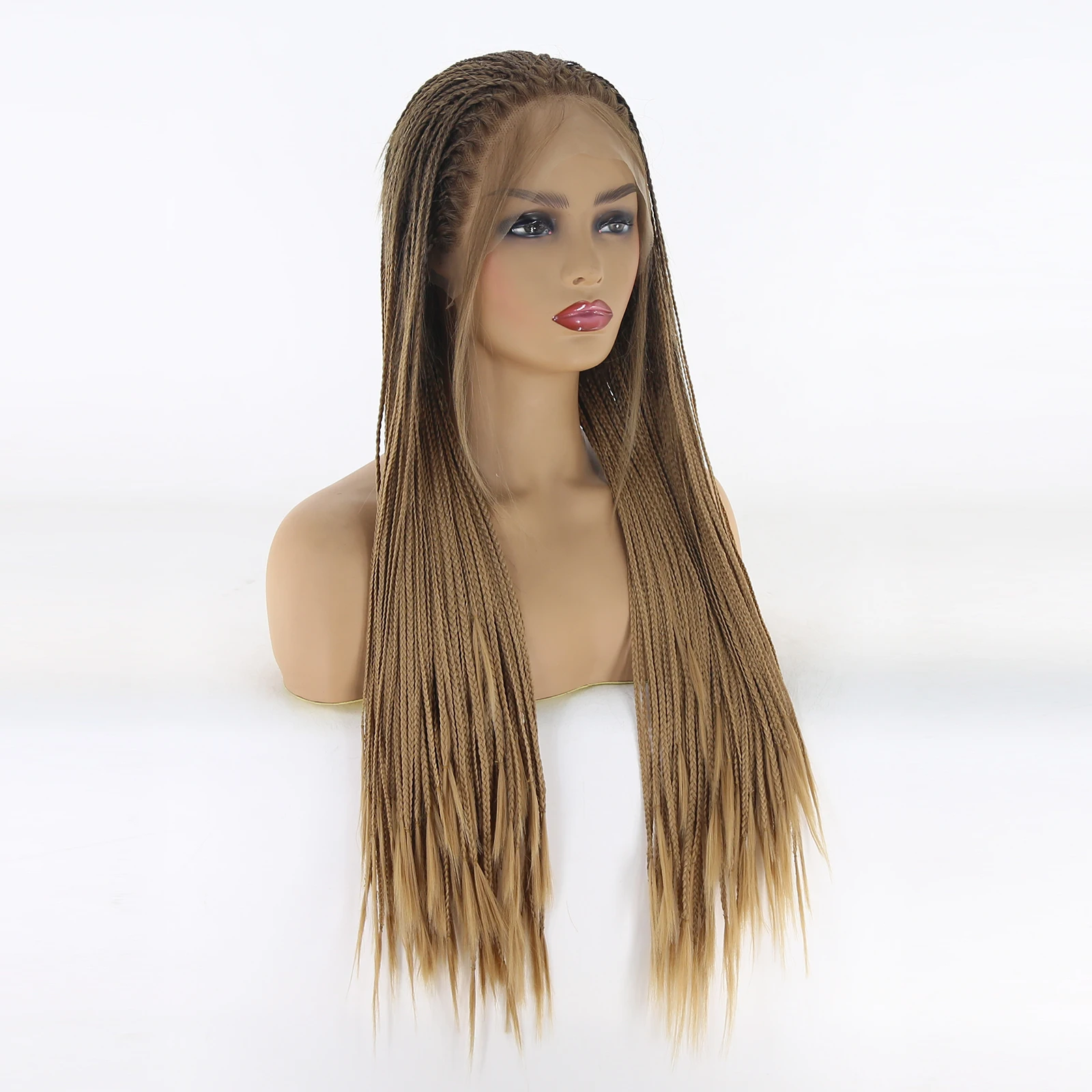 Thiswig Micro Braided Wigs for Black Women 2Tone Brown Ombre Honey Blonde African American Box Braided Synthetic Lace Front Wig