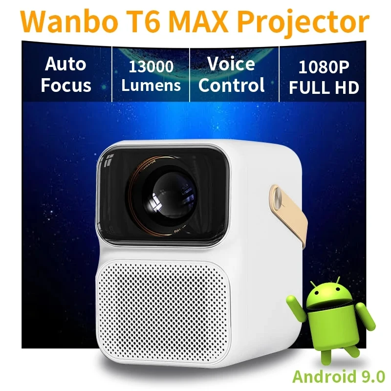 Wanbo 안드로이드 9.0 미니 프로젝터, T6 MAX, 사무실 홈 시네마, AI 음성, 13000 루멘, 5G 와이파이 프로젝터, 4K 1080P