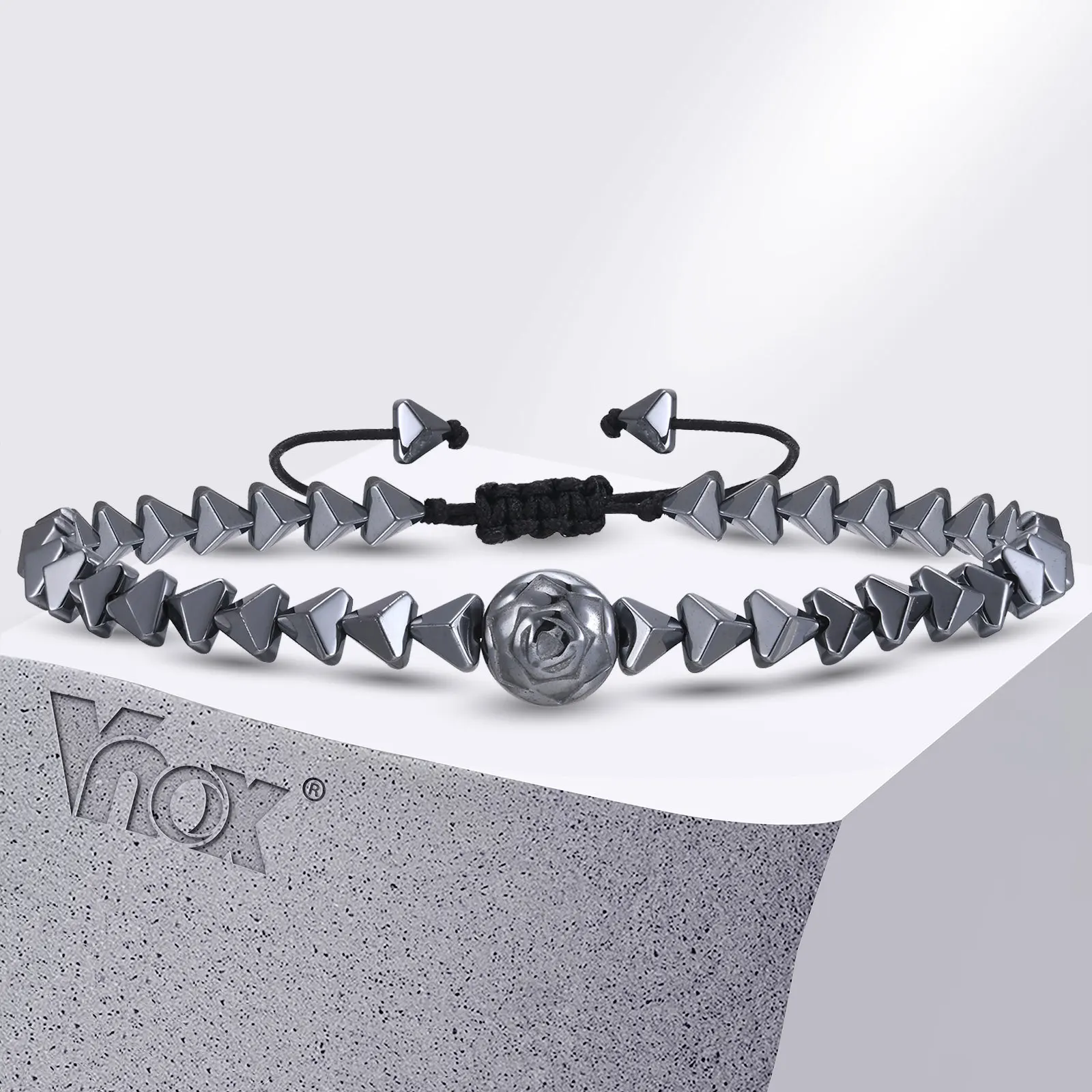Vnox Black Ematite Rose Charm Bracciali, Bio Power Balance Triangle Beaded Women Men Bracciali, Accessorio Unsex