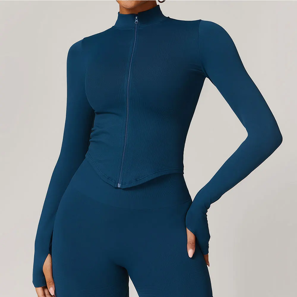 Zipper Jacket Women Crop Tops Yoga T-shirts Solid Sports Top Long Sleeve Running Shirts Sexy Quick Dry Fitness Gym Sport Wear 3
