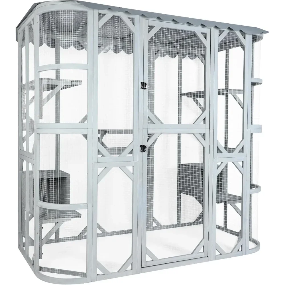 Outdoor Cat House with Weatherproof Roof，Large Catio Cat Enclosure for Multiple Cats Life Walks in Cage & Run