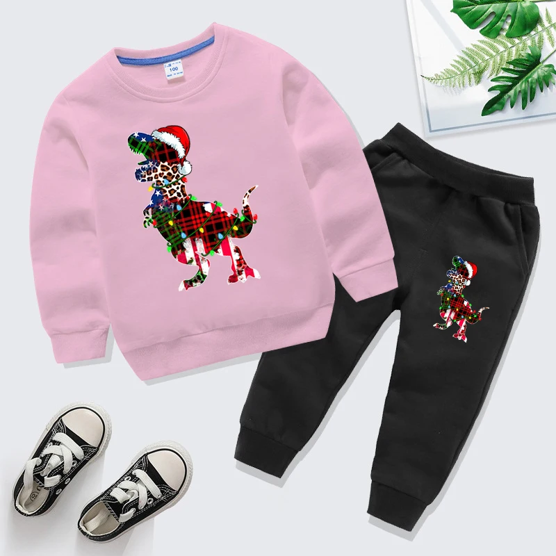 Winter Children's Clothing Sets Christmas Grid Dinosaur Pullover+Pants 2pc Set Cartoon Xmas Party Boys Girls Outfit Tracksuits