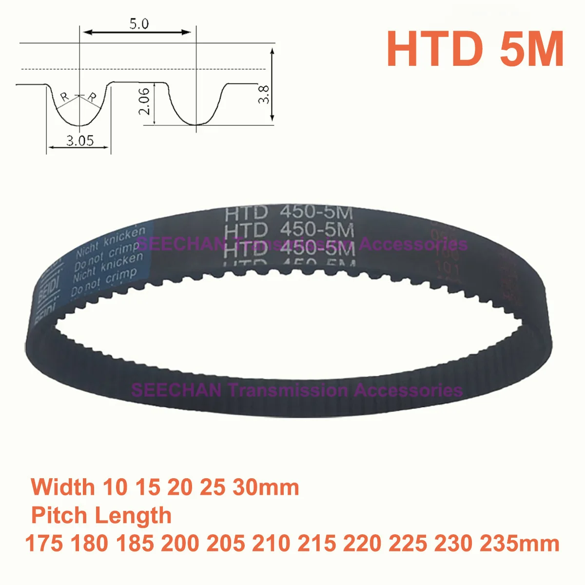 

HTD 5M Rubber Timing Belt Width 10 15 20 25 30mm Synchronous Belt Pitch Length 175 180 185 200 205 210 215 220 225 230 235mm
