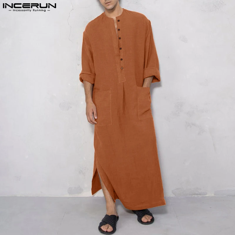 

2023 Men Jubba Thobe Kaftan Solid V Neck Long Sleeve Vintage Robes Arabic Islamic Caftan Men Cotton Casual Abaya INCERUN S-5XL