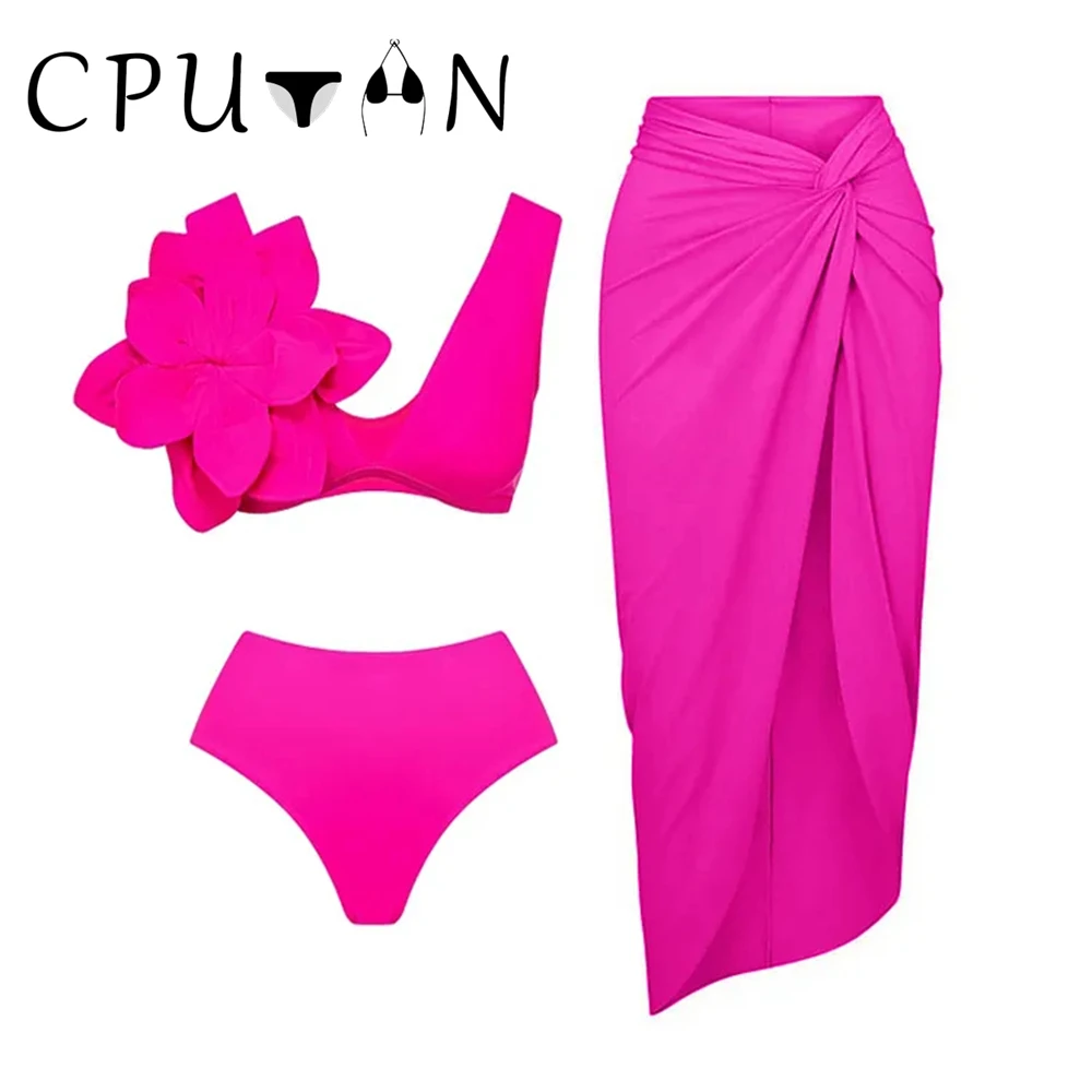 CPUTAN 2024 New 3D Flower Women Swimwear High Waist Bikini Swimsuit Sexy Summer Beachwear Push Up Bikinis Set Bathing Suit Dress