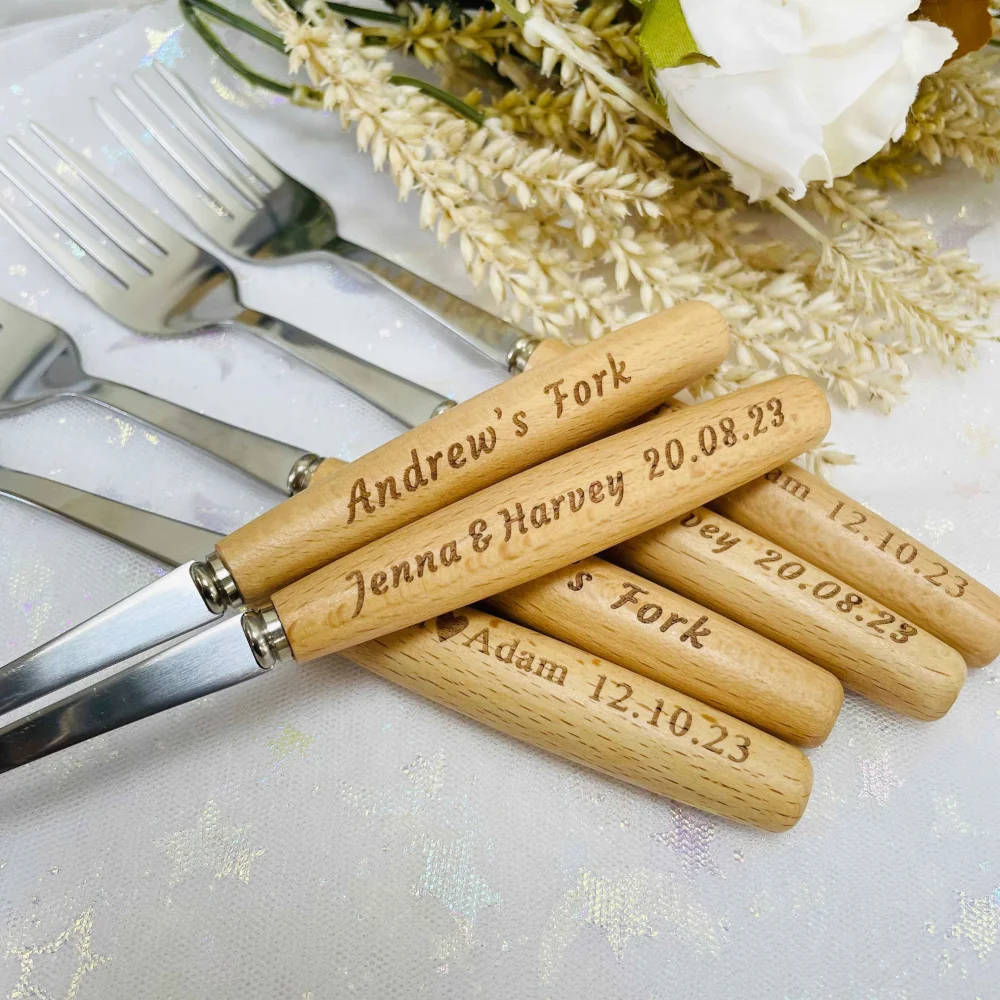 

Customized Fork wooden handle Bridesmaid Gift Laser Engraved Peronalized Wedding Favor for Guests Custom Logo Home Party