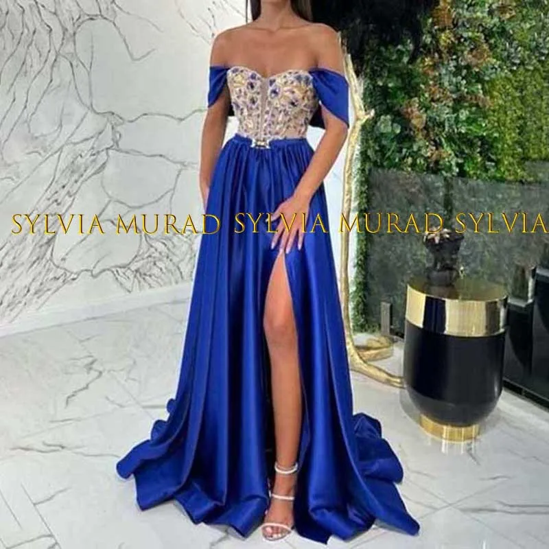 

2024 A Line Evening Dress With Appliques Off Shoulder High Split Long Royal Blue Satin Party Dresses Formal Gown