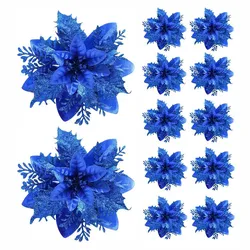 Festive Glitter Artificial Flowers - Christmas Tree Ornaments and Home Decor - Pink, Red, Gold 14.5cm - 10Pcs (Blue)