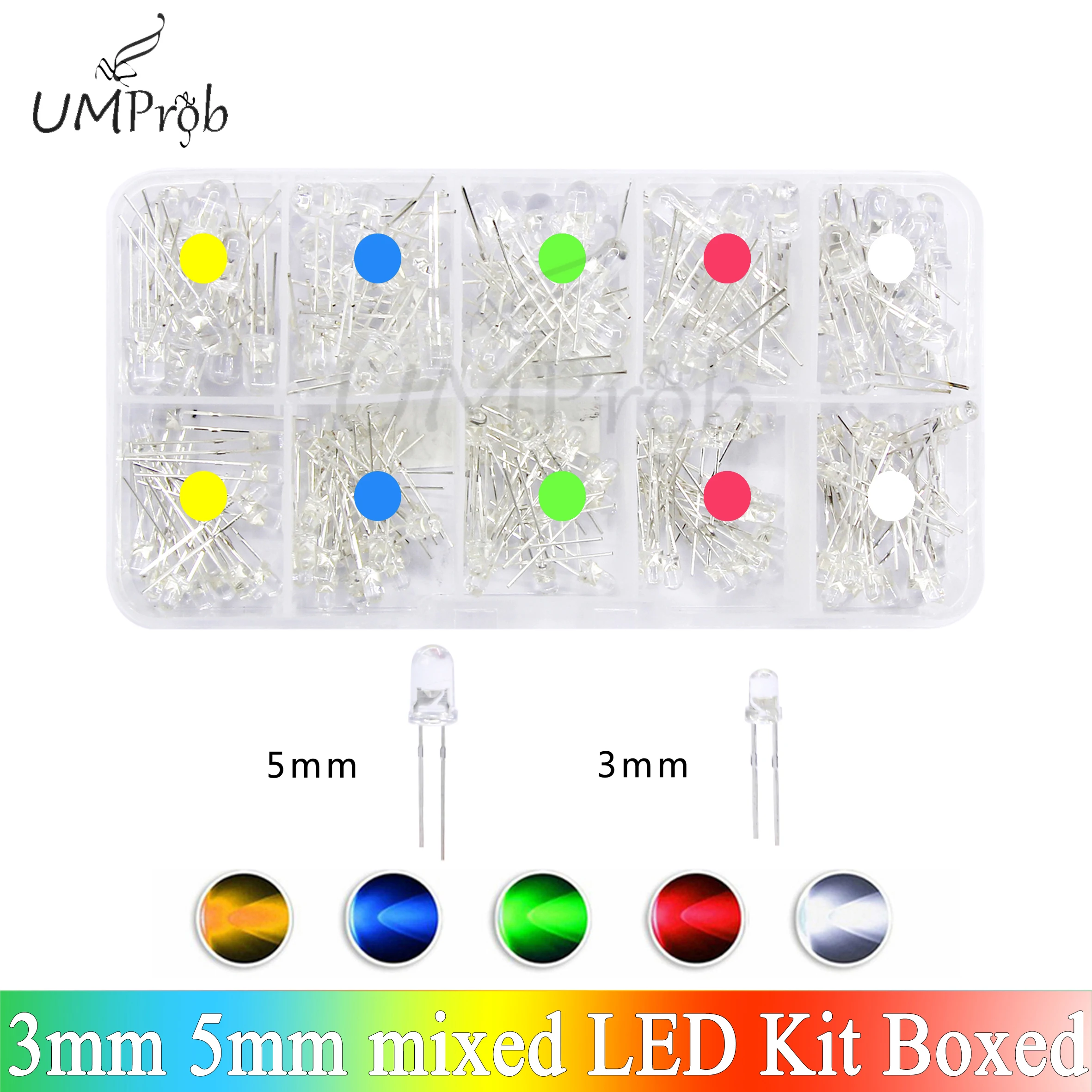 LED Diode Assorted Kit 3mm 5mm White Green Red Blue Yellow Orange F3 F5 Light Emitting DIY Electronic