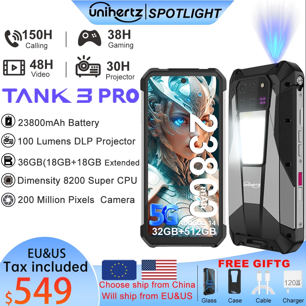 Unihertz Tank 3 Pro 8849 with 100 Lumens 120Hz Projector