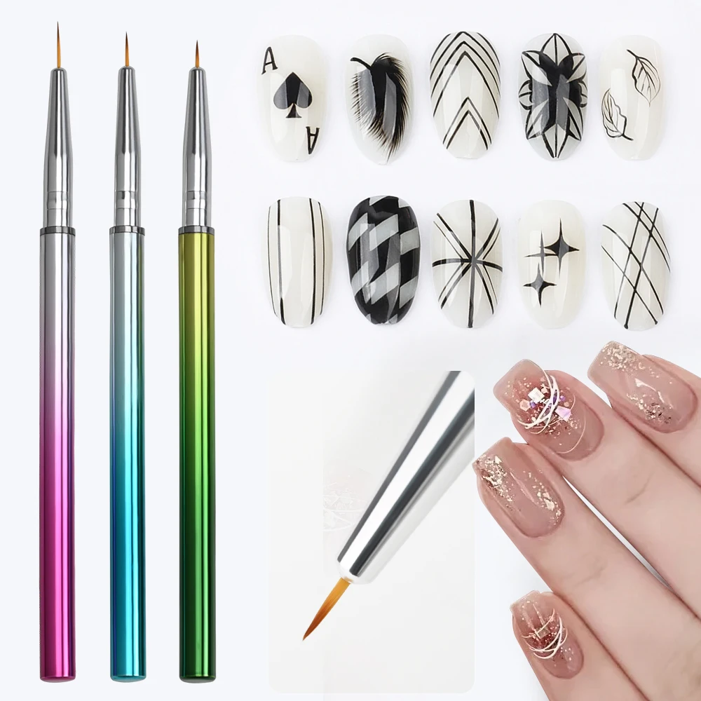 (6mm/8mm/10mm)Nail Art Liner Brushes 3Pcs UV Gel Painting Nail Art Design Brush Gradient Metal Hand Lever Nail Drawing Pen Set 3